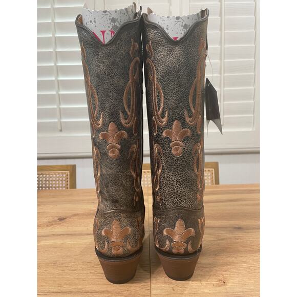 Tanner Mark Krackle Flor de Liz Embroidered Western Boots Brown Leather Sz 8 NIB - Picture 6 of 11